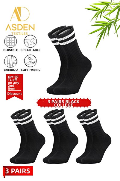 ASDEN Unisex Bamboo College Tennis Socks Premium, Λευκές ρίγες, Πακέτο 3 τεμα...