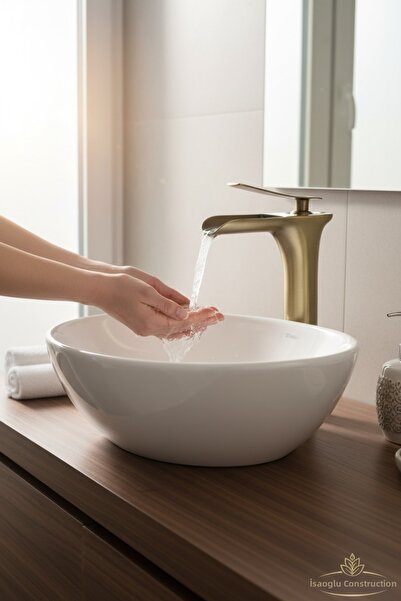 İSAOĞLU YAPI Antique Gold Waterfall Bowl Faucet Matte Gold Bowl Fixture Natur...