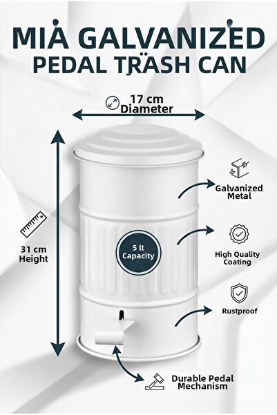 RİVO HOME DECOR The Mia Galvaniz Metal 5Lt 31X17Cm Pedal Trash Can