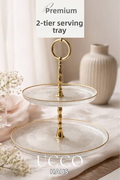 UCCO طبق تقديم زجاجي ذهبي فاخر من طبقتين من سينسو |   منصة لتقديم الكعك والبس...