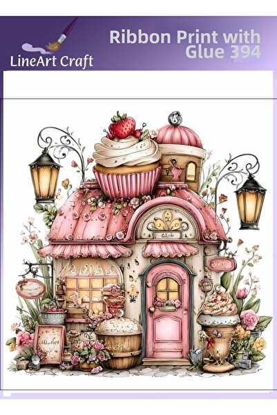 LİNEART Rt 394 Pink House, Cupcake Patterned Fabric Transfer, Wood Transfer, ...