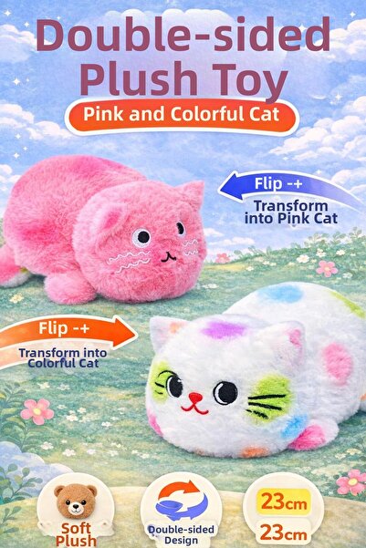 hak-iş oyuncak Convertible Double-Sided Plush Toy – Pink Cat / Colorful Cat –...