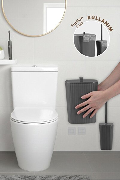 Okyanus Home Sapphire Adhesive Toilet Brush Holder and Trash Can Set Anthraci...