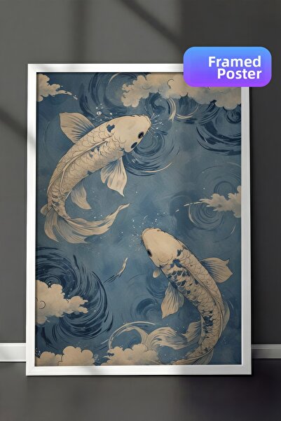 Zestia Πίνακας με λευκό πλαίσιο, Ψάρια Koi, Μέσα στα Ιαπωνικά κύματα, Αφίσα μ...