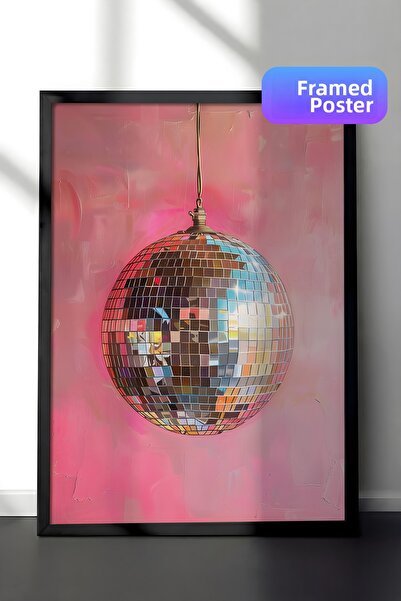 Zestia Tablou cu ramă neagră, Minge disco roz, Poster decorativ pentru camera...