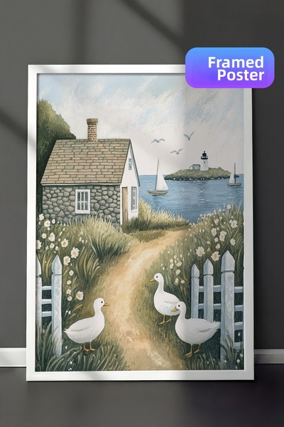 Zestia Картина с бяла рамка, илюстрация на селска къща, постер за декорация н...