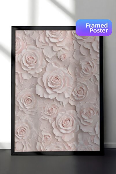 Zestia Tablou înrămat negru, Motiv trandafir alb în relief, Poster decorativ ...