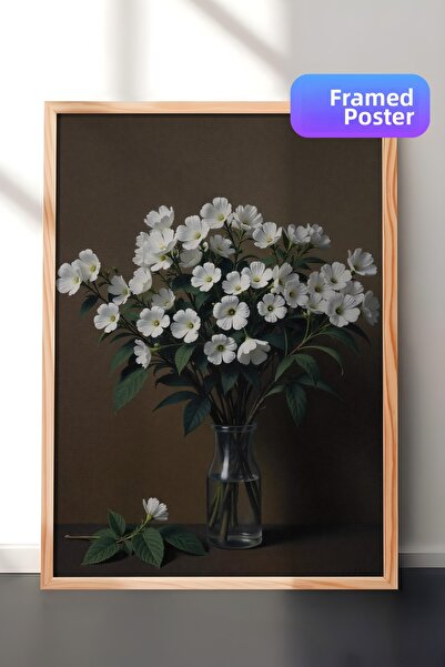 Zestia Tablou cu ramă din lemn, Buchet de flori albe – Botanică în pasteluri,...