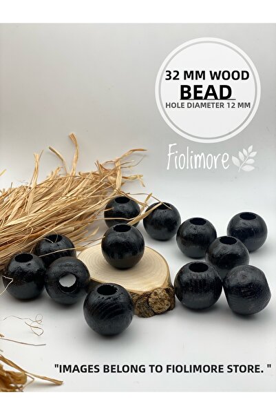 Fiolimore 5 броя 32 мм черни дървени мъниста, кръгли, за макраме чанти, с диа...