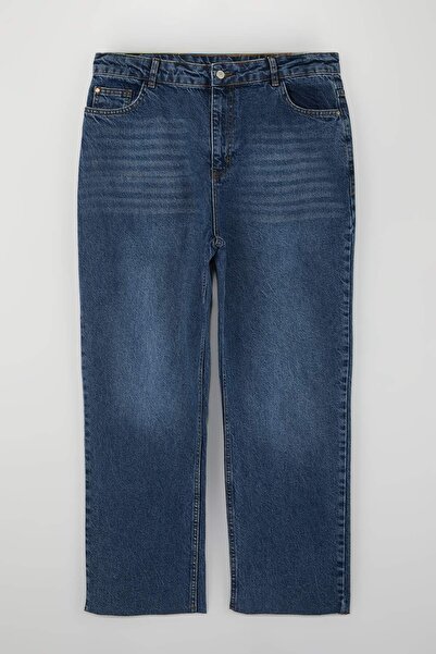 Trendyol Curve Blue Cut-Out Hem High Waist Straight Fit Plus Size Jeans Tbbaw...