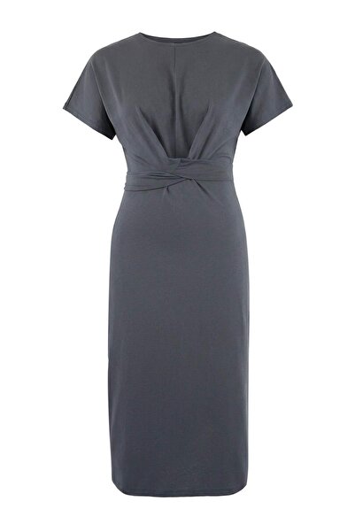 Trendyol Curve Anthracite Straight Cut Tie Detail Slit Maxi/Long 100% Cotton ...