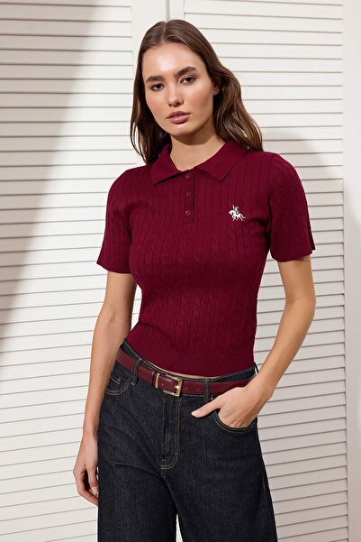 Trendyol Collection Burgundy Horse Embroidered Polo Neck Hair Knitwear Blouse...
