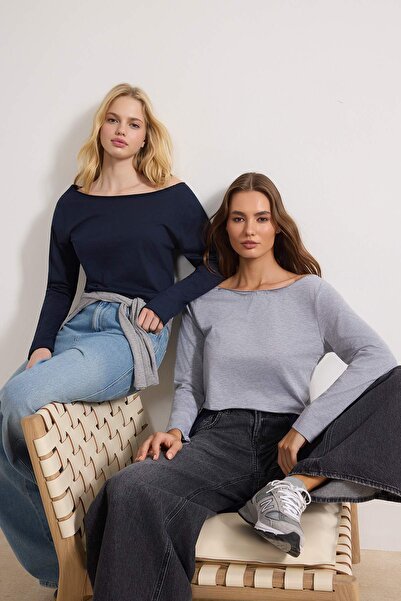 Trendyol Collection Teen Navy-Grey Melange T-Shirt aus 100 % Baumwolle mit of...