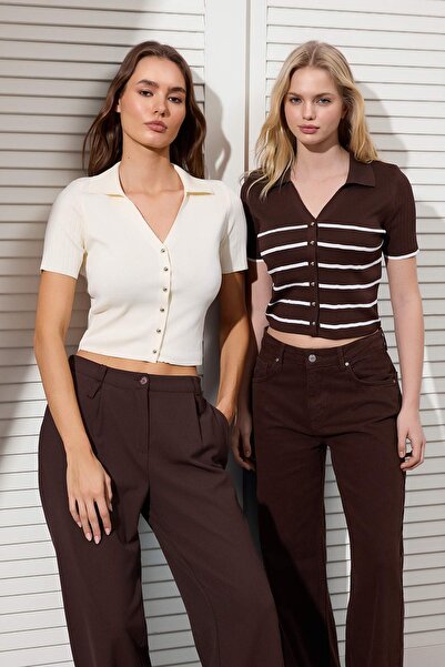 Trendyol Collection Brown-Stone Double Pack Striped Basic Knitwear Thin Blous...