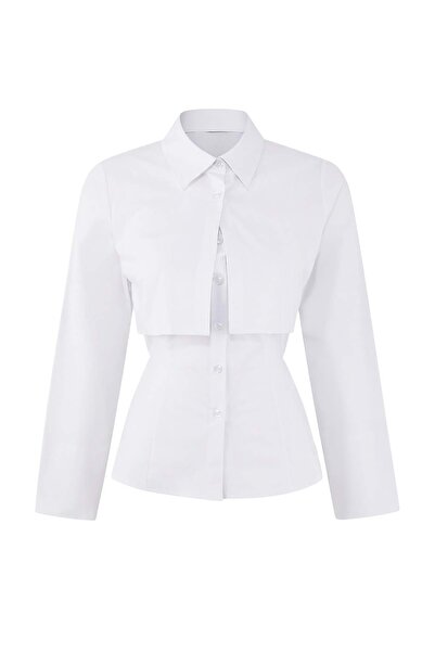 Trendyol Collection Cămașă albă din lycra poplin, cu două piese, mulată pe co...