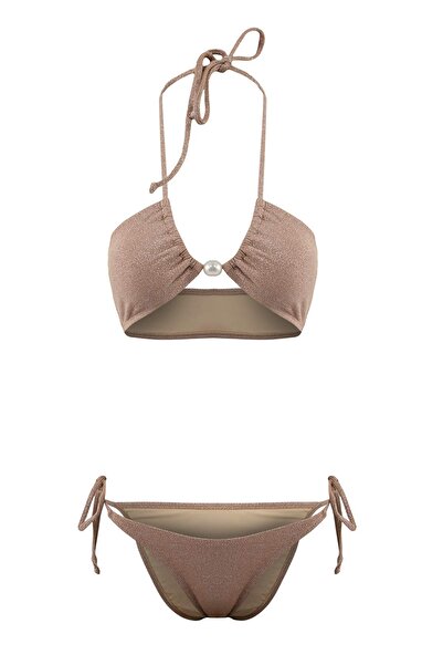 ترينديول كوليكشن طقم بيكيني عادي منخفض الخصر بلون أحمر مخملي لامع بدون حمالات...