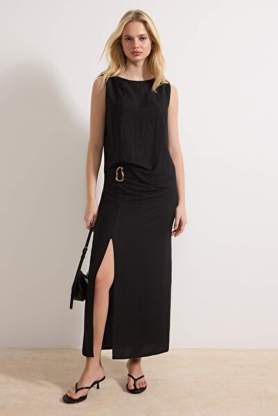 Trendyol Collection Black Accessory and Slit Detailed Blouse-Skirt Woven Bott...