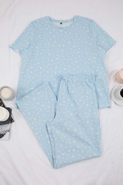 Trendyol Curve Blue Floral Plus Size Pajama Set Tbbss26Ai00010