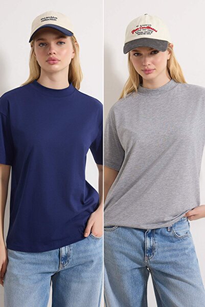 Trendyol Collection Navy Blue-Grey Melange 2-Pack 100% Cotton Basic Mock Neck...