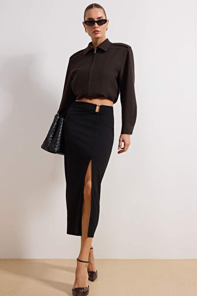 Trendyol Collection Schwarzer Crêpe-Maxirock mit hoher Taille und Stretch-Str...