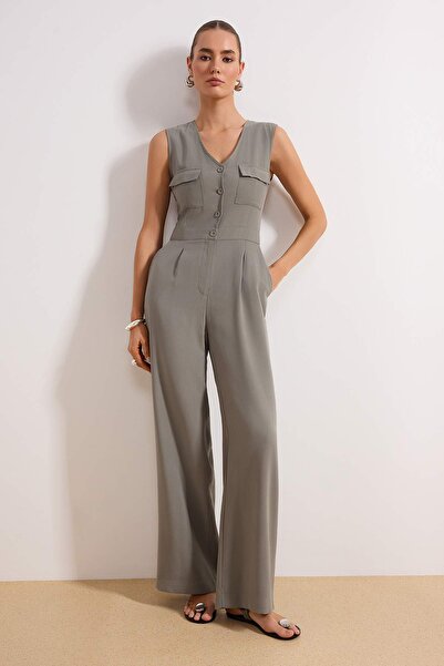 Trendyol Collection Khaki Wide Leg Buttoned Sleeveless Woven Jumpsuit Twoss26...