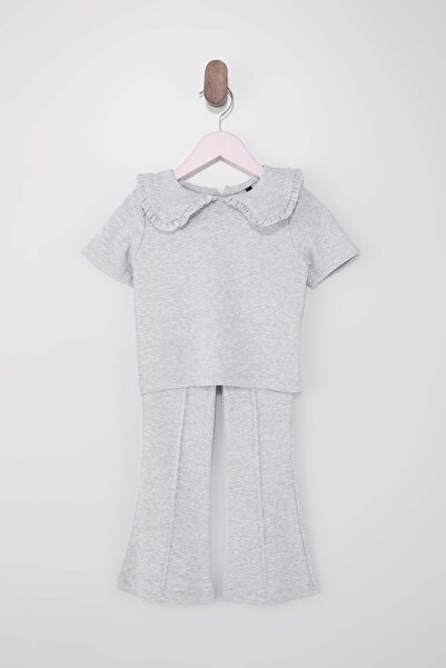 TRENDYOLKIDS Grau meliertes Babykragen-Set für Mädchen mit einfarbigem Strick...