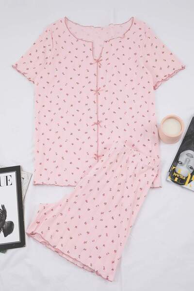 Trendyol Curve Pink Floral Patterned Ribbon Ribbed Knit Large Size Pajama Set...