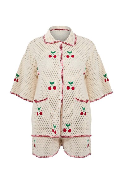Trendyol Collection Tricotaj Ecru Oversize cu Motiv Cireșe 100% Bumbac Cămașă...