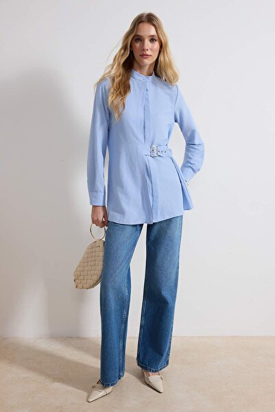 Trendyol Modest Light Blue Regular Terrycotton Plain Woven Buckle Belt Detail...