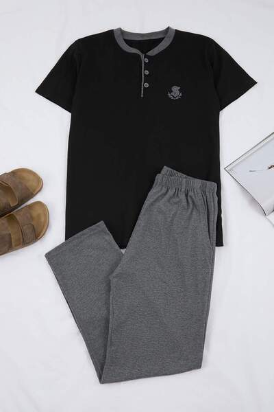 Trendyol Collection Black Regular Buttoned Collar Knitted Pajama Set Tmnss26P...