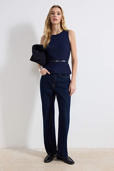 Trendyol Collection Navy Blue Belted Fitted/Bodycon Knitted Blouse Twoss25Bz0...