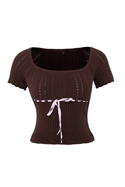 Trendyol Collection Καφέ Πρέμιουμ/Ειδική Πλεκτή Μπλούζα με Λεπτομέρεια Κορδέλ...