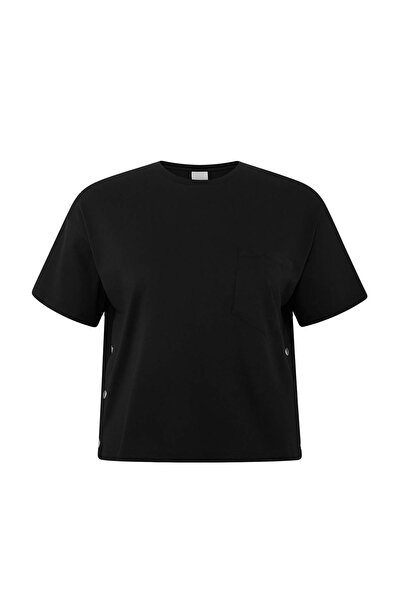 Trendyol Curve Black Crew Neck Snap Detail Knitted Plus Size Oversized Crop B...