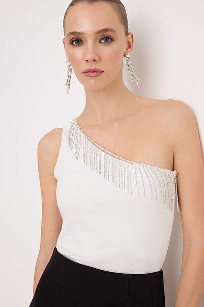 Trendyol Collection White Stone Accessory Detailed Asymmetric Collar Party Bl...