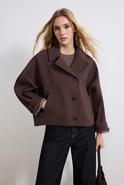 Trendyol Collection Brown Patterned Lined Soft Buttoned Oversize Short Coat T...