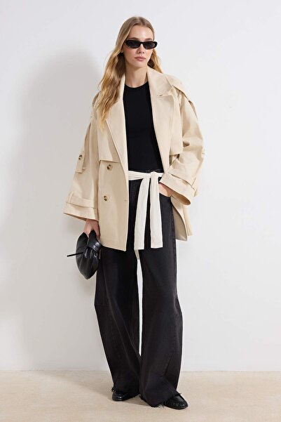 Trendyol Collection Stone Midi Length 100% Cotton Oversize Trench Coat Twoss2...