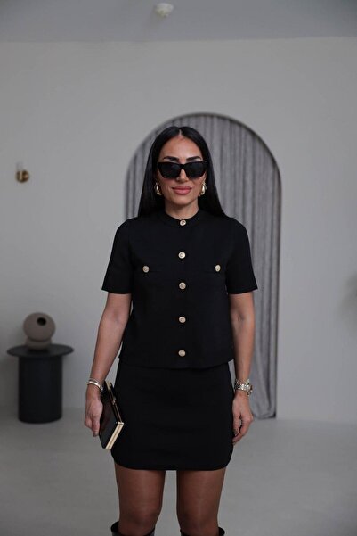 Perry Boutique Women's Black Button Detailed Skirt Cardigan Set