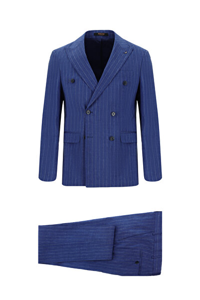 Kiğılı 7 Drop Super Slim Fit Eksra Dar Kesim Keten Çizgili Kruvaze Takım Elbise