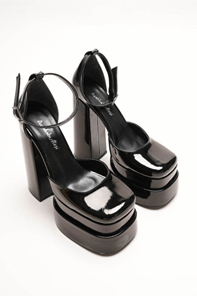 Ayakkabı Ateşi Дамски черни лачени обувки с двойна платформа и дебел ток - ве...