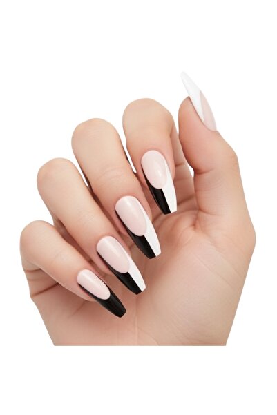 EDA LUXURY BEAUTY 24'lü Pembe Siyah Beyaz French Takma Tırnak Lüks Doğal Dese...