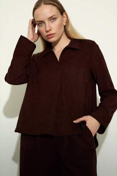 DeFacto Relax Fit Shirt Collar Suede Long Sleeve Blouse G8951Ax26Sp
