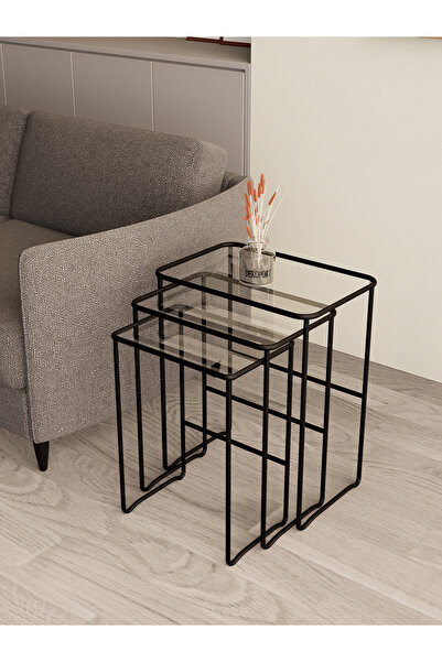 Dekoport Moon Dekopratif Zigon Sehpa Yan Sehpa Siyah Tel - Temperli Şeffaf Cam