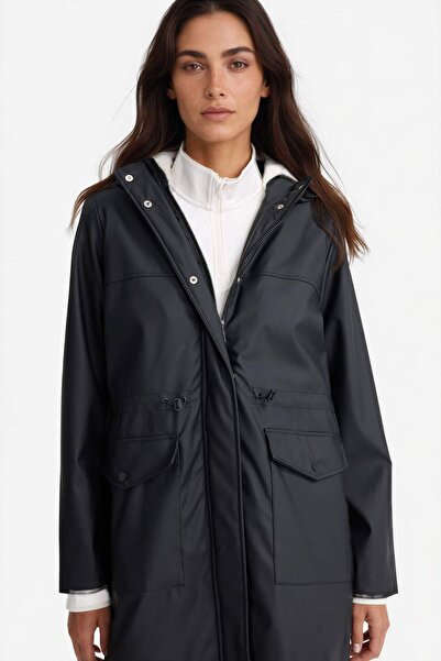 DeFacto Regular Fit Kunstleder-Regenmantel und Windjacke für Damen mit Kapuze...