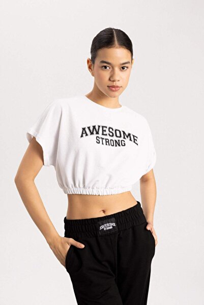 DeFacto DeFactoFit Crop Crew Neck εμπριμέ αθλητικό κοντομάνικο μπλουζάκι A242...