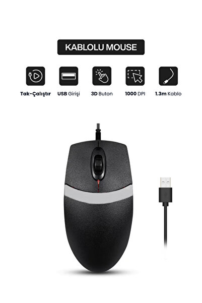 Concord C 30 Tak-Çalıştır USB Kablolu Mouse I Ergonomik I Optik I 3 Butonlu I...