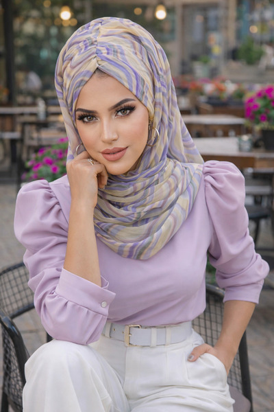 Aişe tesettür Șal gata cu model geometric în culori moi