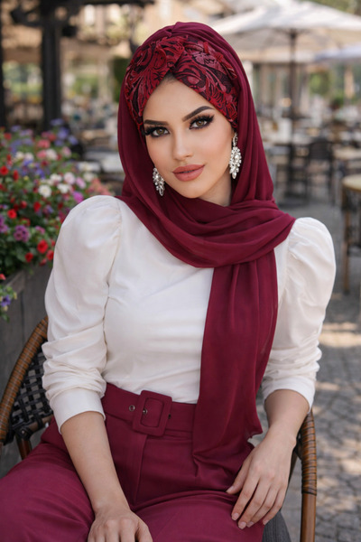 Aişe tesettür Bordo Çiçek Desen Burgu Hazır Şal