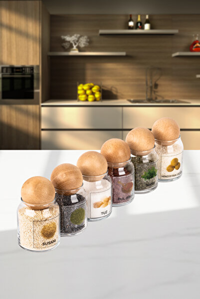 Minya Home 6 Pieces Decorative Wooden Ball Lid Glass Spice Jar Set Glass Jar ...