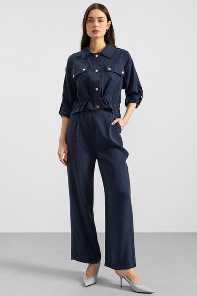 Olcay Πλισέ Χαλαρό Παντελόνι Modal ΣΚΟΥΡΟ ΜΠΛΕ 7589