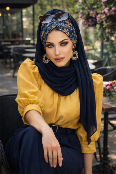 Aişe tesettür Lacivert Mimoza Çiçek Desen Hazır Şal